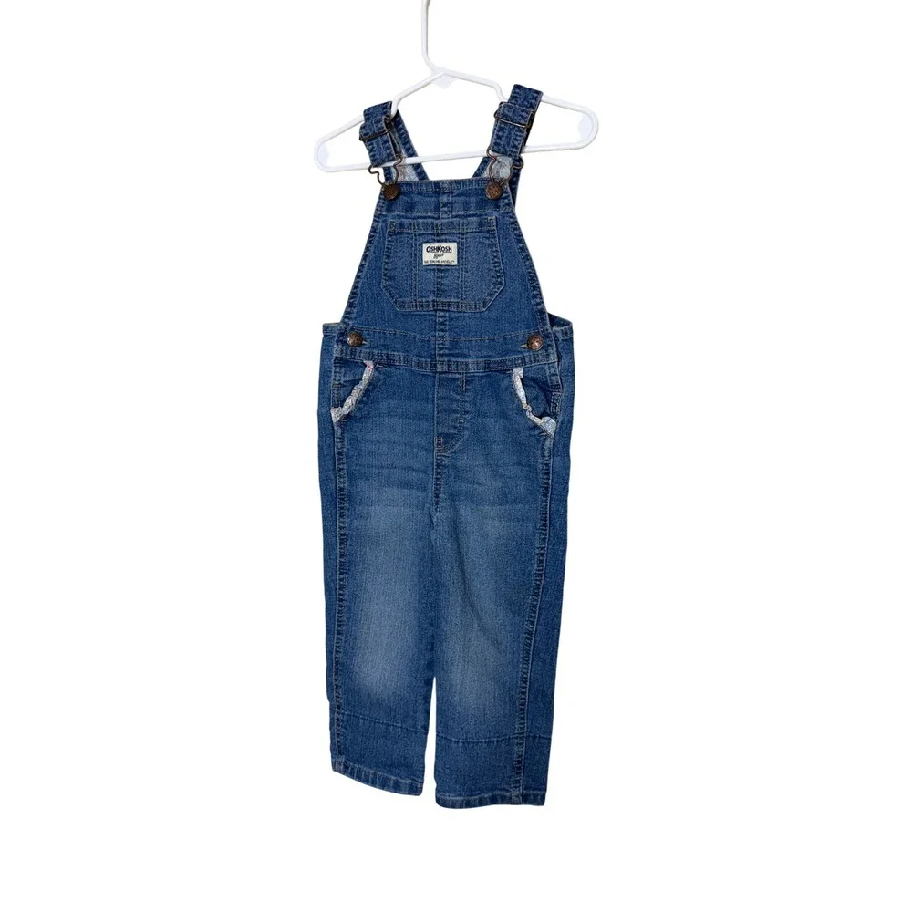 OshKosh Bgosh Kids 2T Blue Denim Floral Trim Bib Overalls Medium Wash